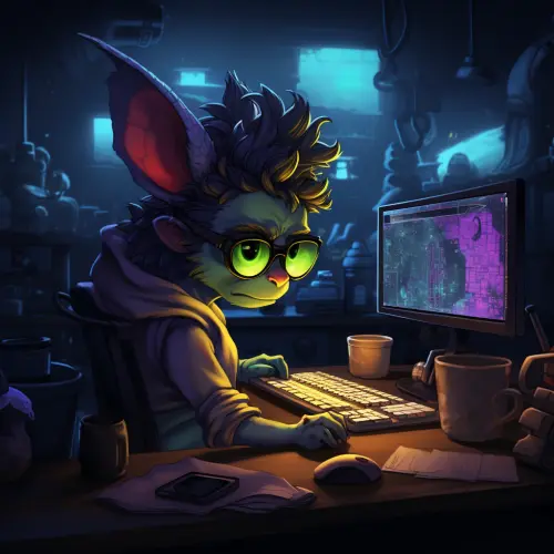 a nerdy kobold coding in the dark in front of a monitor, cute drawing