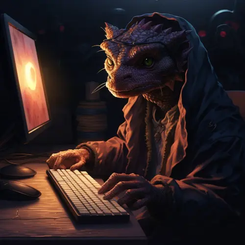 a nerdy kobold coding in the dark in front of a monitor, epic fantasy art